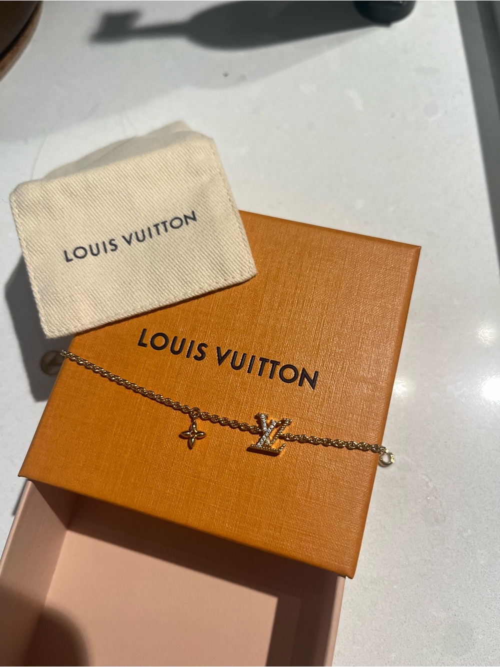 Louis Vuitton Gold Chain Bracelet with LV Charm and Monogram Flower